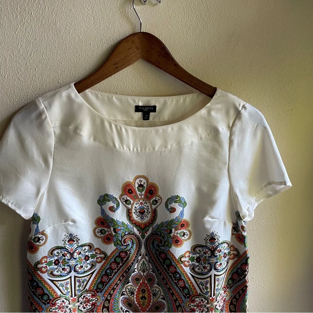 Talbot's Silk Paisley Patterned Blouse. Cap Sleeves, Side Zip. Cream, Green. 2P - Picture 6 of 11